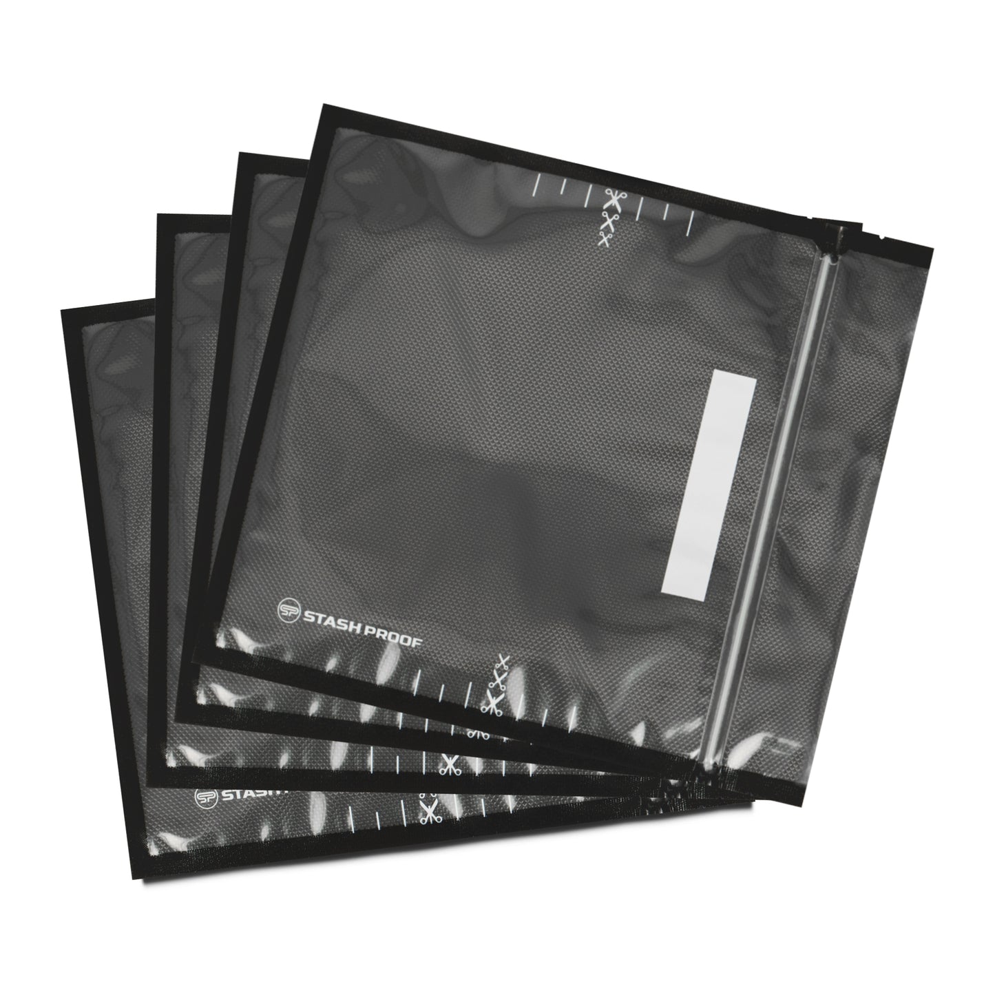 A fanned stack of Stash Proof 11 by 12 inch large storage recloseable and vacuum seal capable with zipper top bags