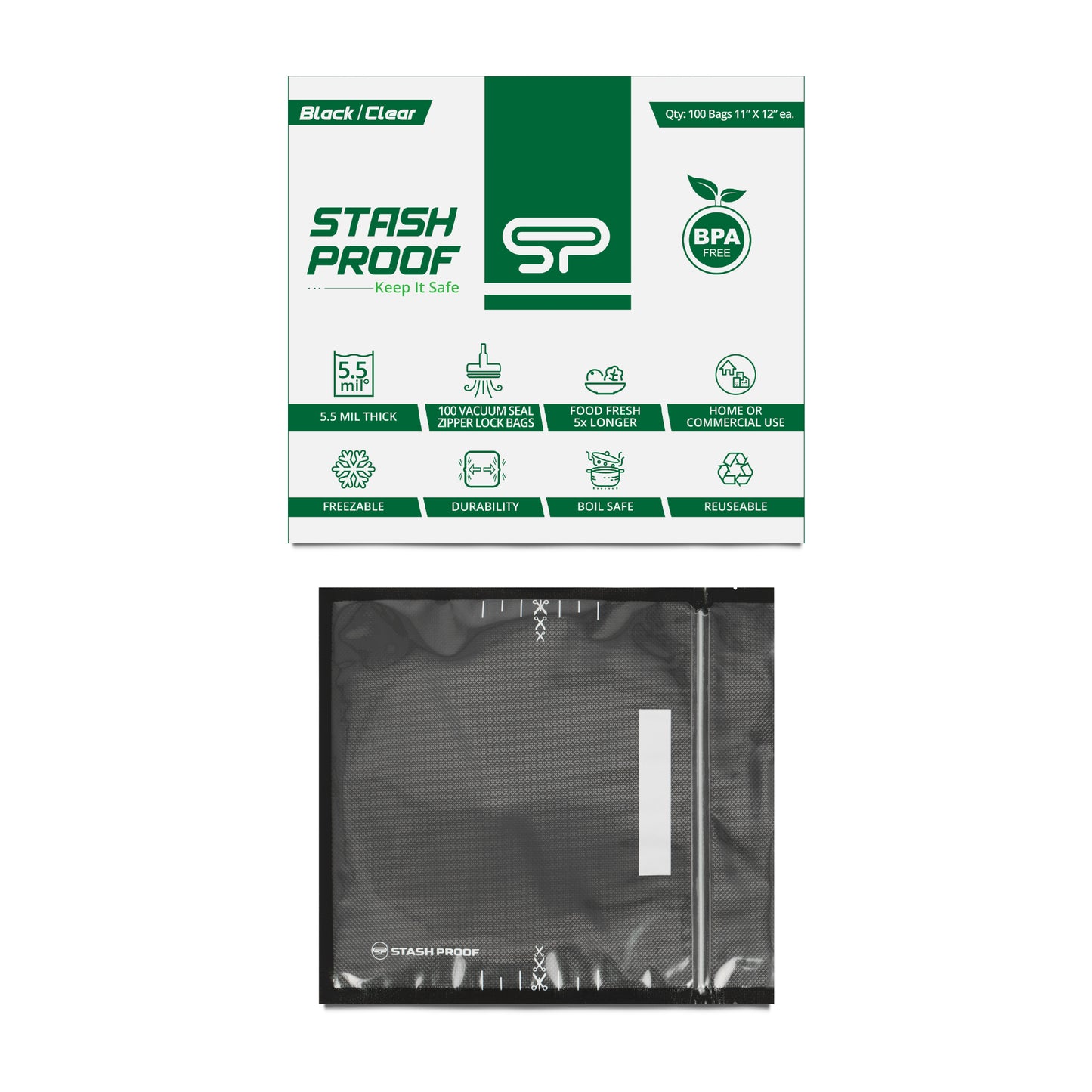 Stash Proof Black and Clear Large 11 x 12 inch storage resealable bag with green and white box with BPA Free and 5.5 Mil Thickness