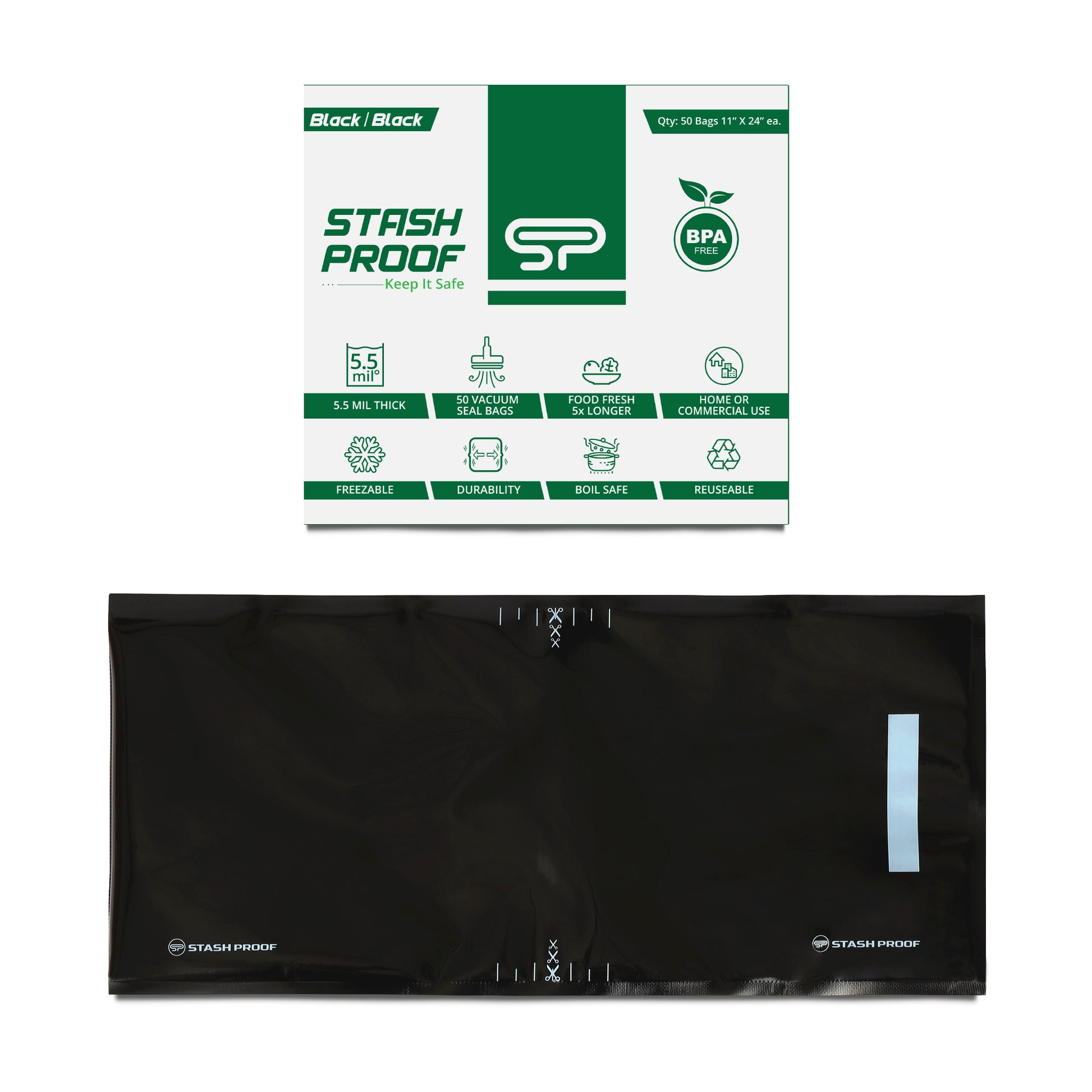 A single all black vacuum seal back with white and green box on top that says Stash Proof 5.5 Mil Precut bag