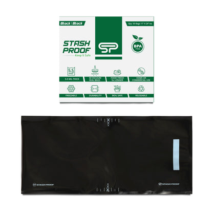 A single all black vacuum seal back with white and green box on top that says Stash Proof 5.5 Mil Precut bag