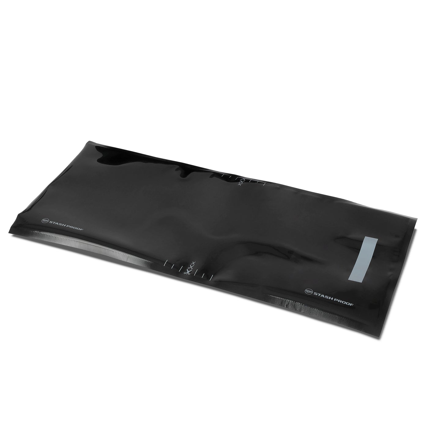 Single all black 11 by 24 precut vacuum seal bag placed a 45 degree angle