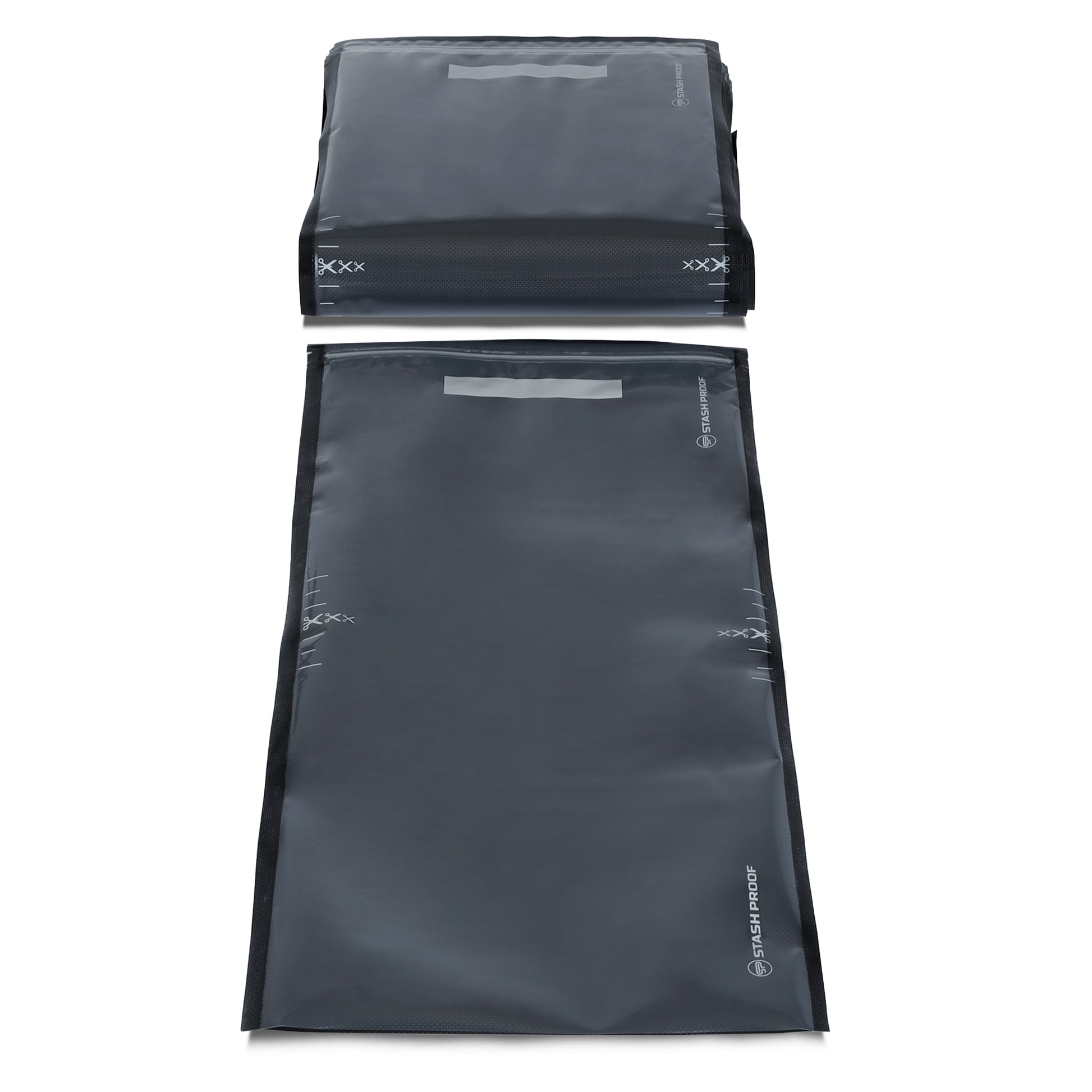 a black and clear 11 by 24 inch vacuum seal bag, more is folded behind it a stack. both are viewing from front 