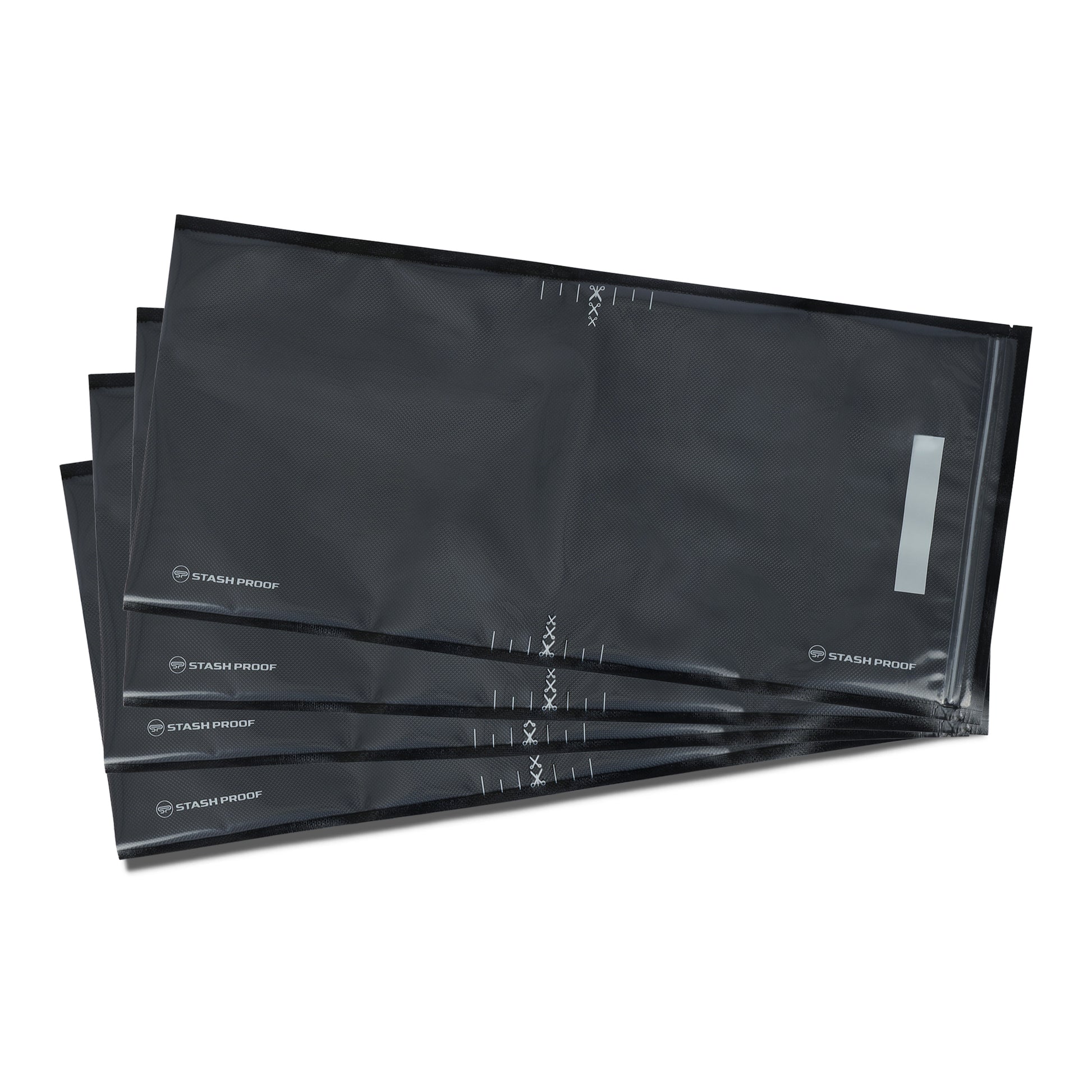 Four 11 by 24 inch zipper vacuum seal bags placed on top of each other and fanned out