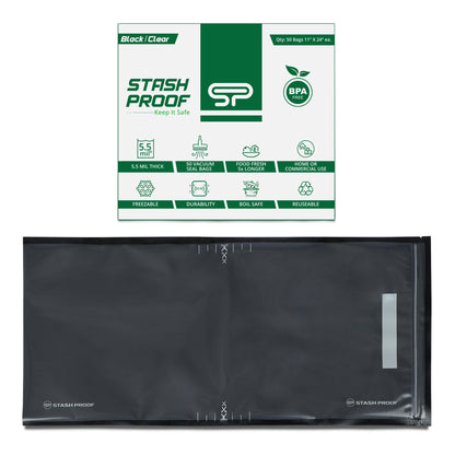 A single all black and clear resealable and recloseable vacuum seal bag with white and green box on top that says Stash Proof 5.5 Mil Precut bag