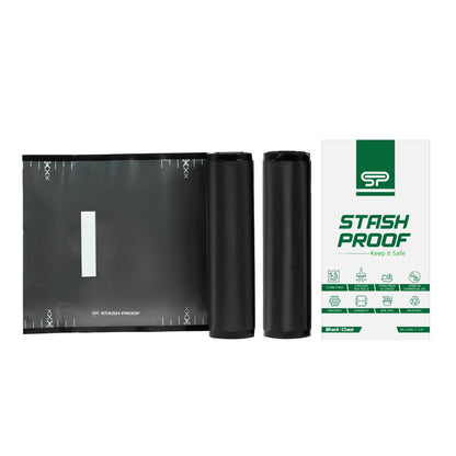 Vacuum sealer seal rolls black Stash Proof 5.5 Mil Durable Heavy Duty Vacuum Seal roll next to green and white box