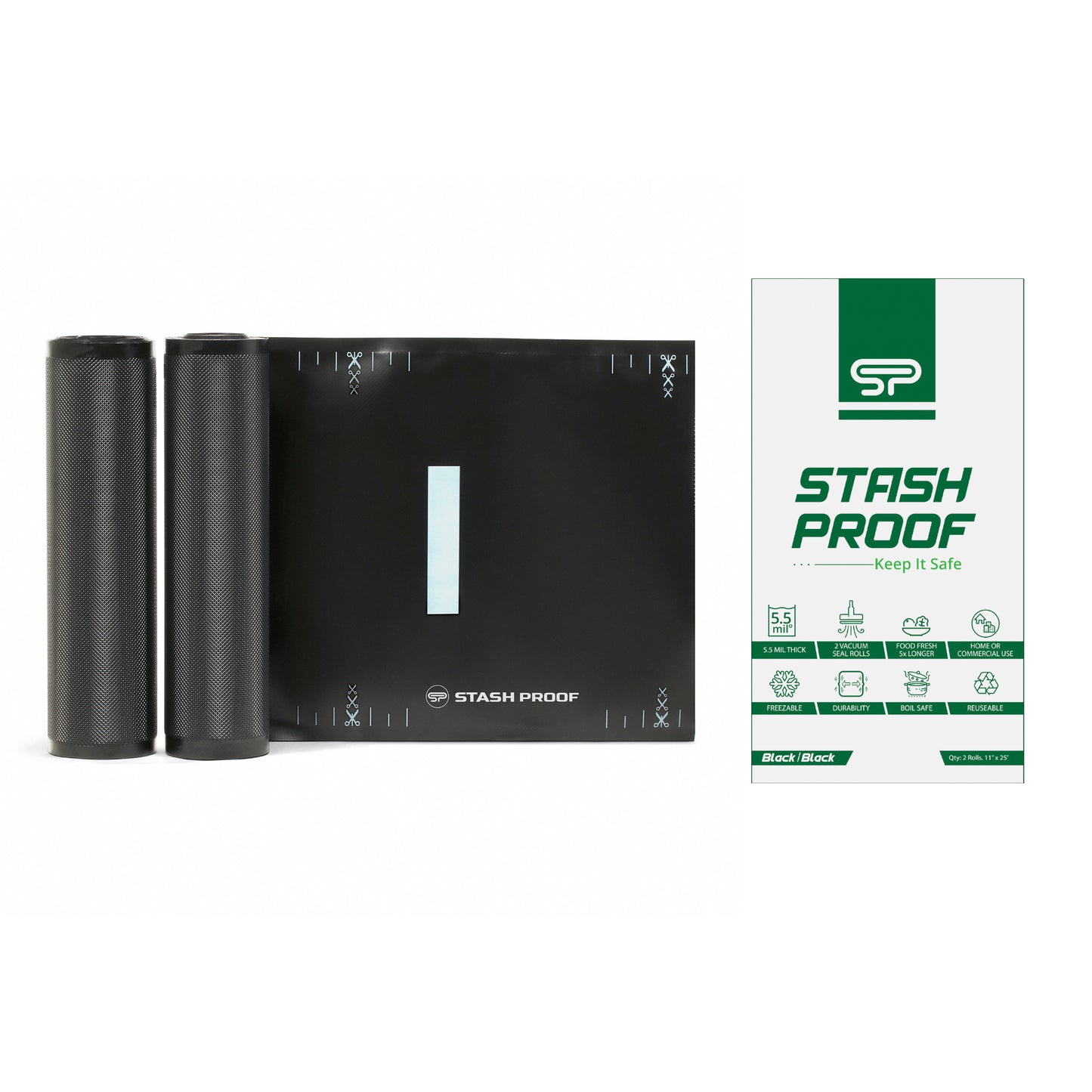 11 in by 25 foot black on black vaccuum seal rolls by stash proof standing next to green and white packaging 5.5 Mil thickness