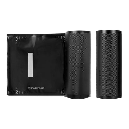 Two all black vacuum seal rolls standing with one rolled out with the Stash Proof logo in white  