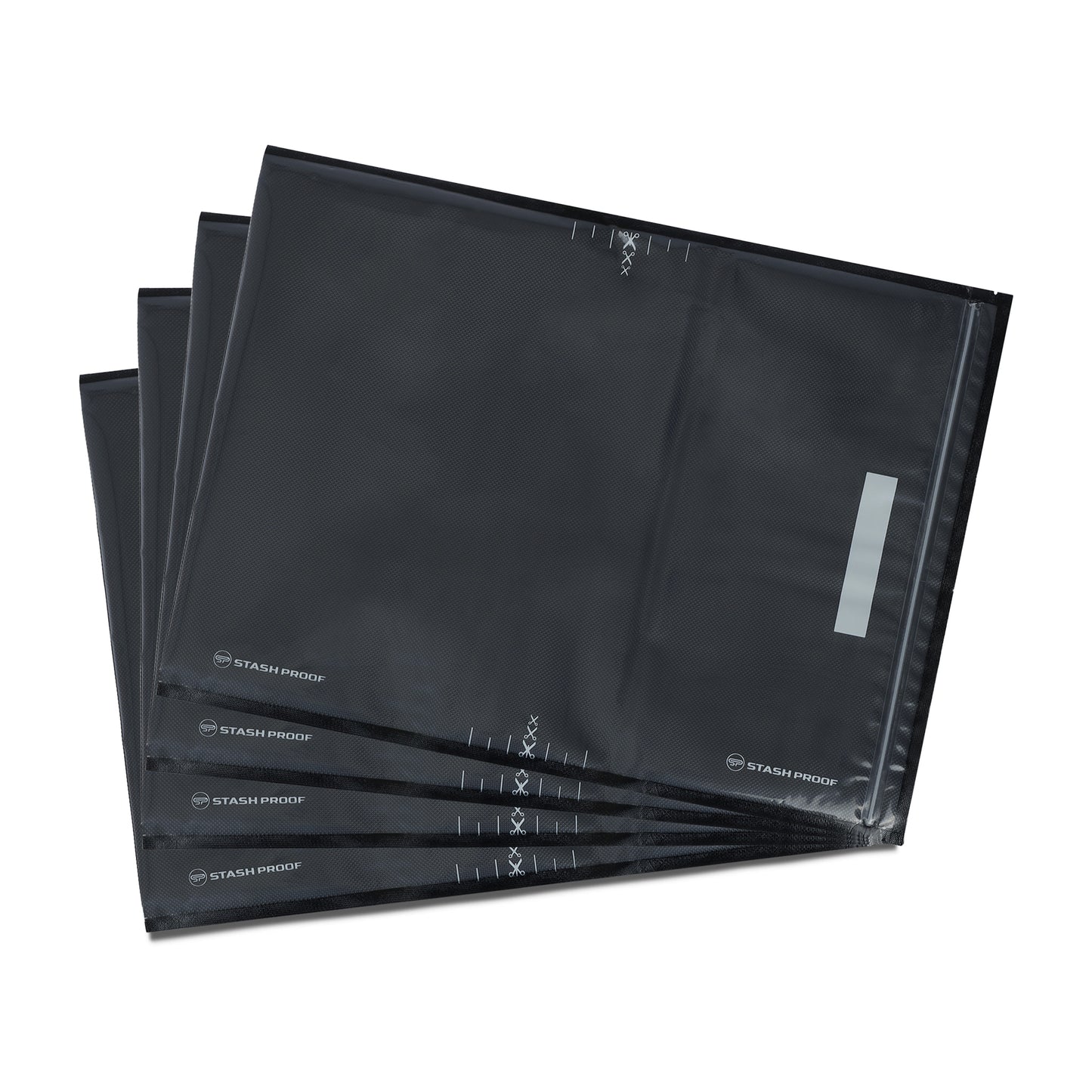 A stack of 4 15 inch by 20 inch black and clear vacuum bags laying on each other