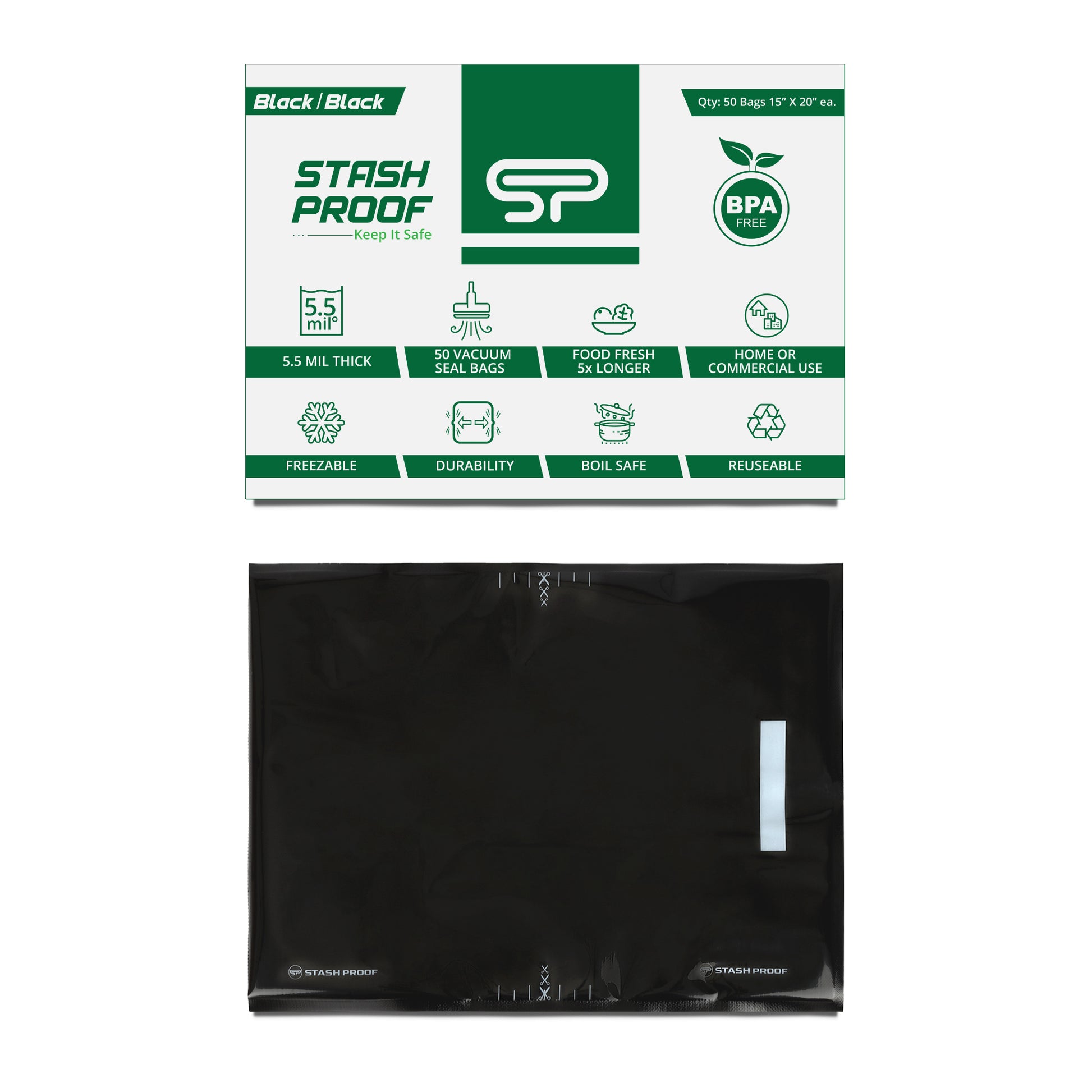 All Black vacuum bag that is 15 by 20 inches with a white and green box on top that says Stash Proof 5.5 Mil