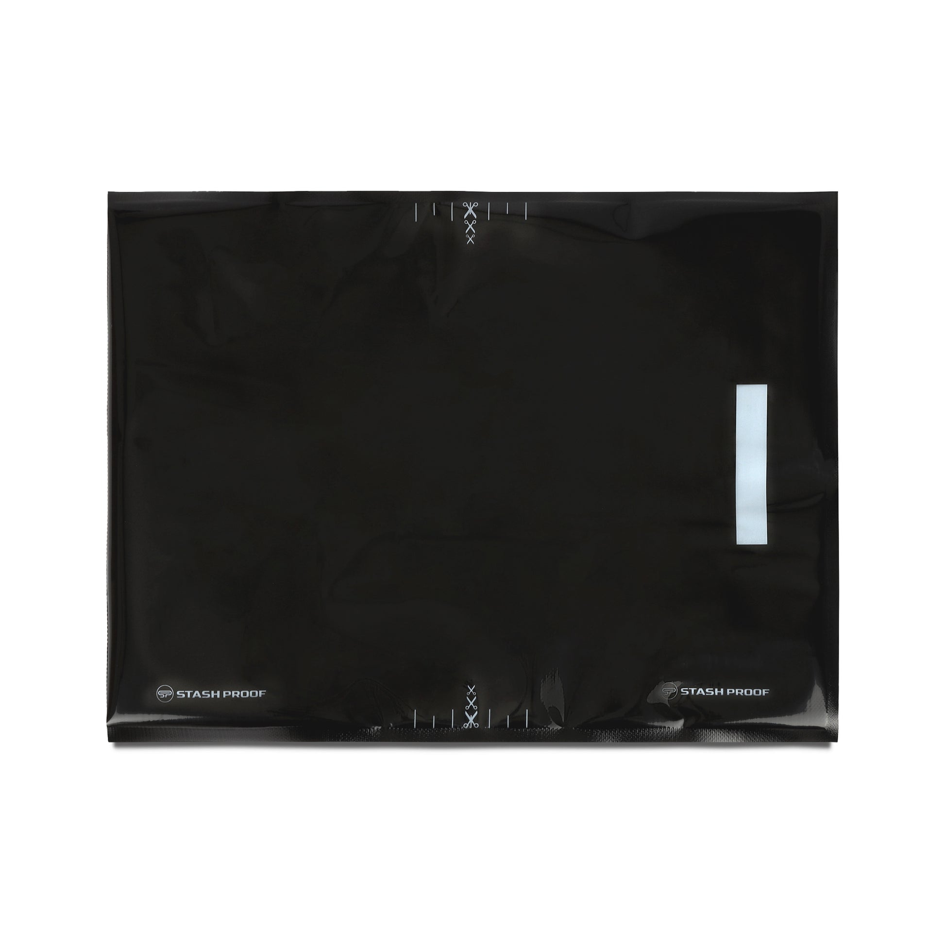 a 15 by 20 inch all black vacuum seal bag being view from the top cut marks and label space is visible