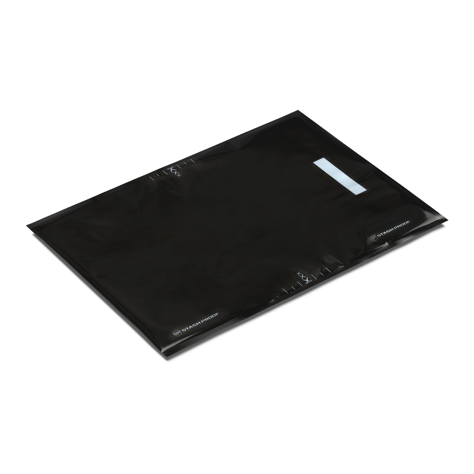 A 15 inch by 20 inch vacuum seal bag that is all black being viewed from side perspective angle