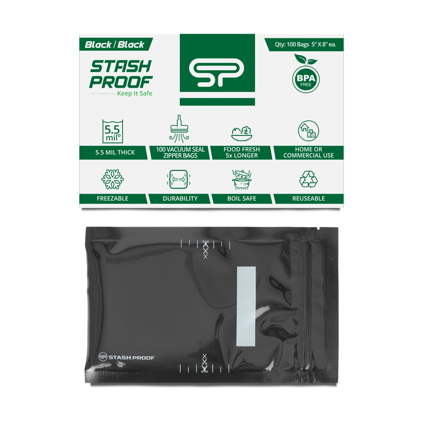 Stash Proof Black and Black Small 5 by 8 inch vacuum seal bag with green and white box with BPA Free and 5.5 Mil Thickness