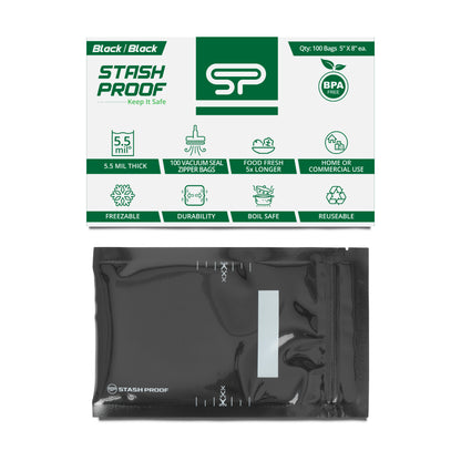 Stash Proof Black and Black Small 5 by 8 inch vacuum seal bag with green and white box with BPA Free and 5.5 Mil Thickness