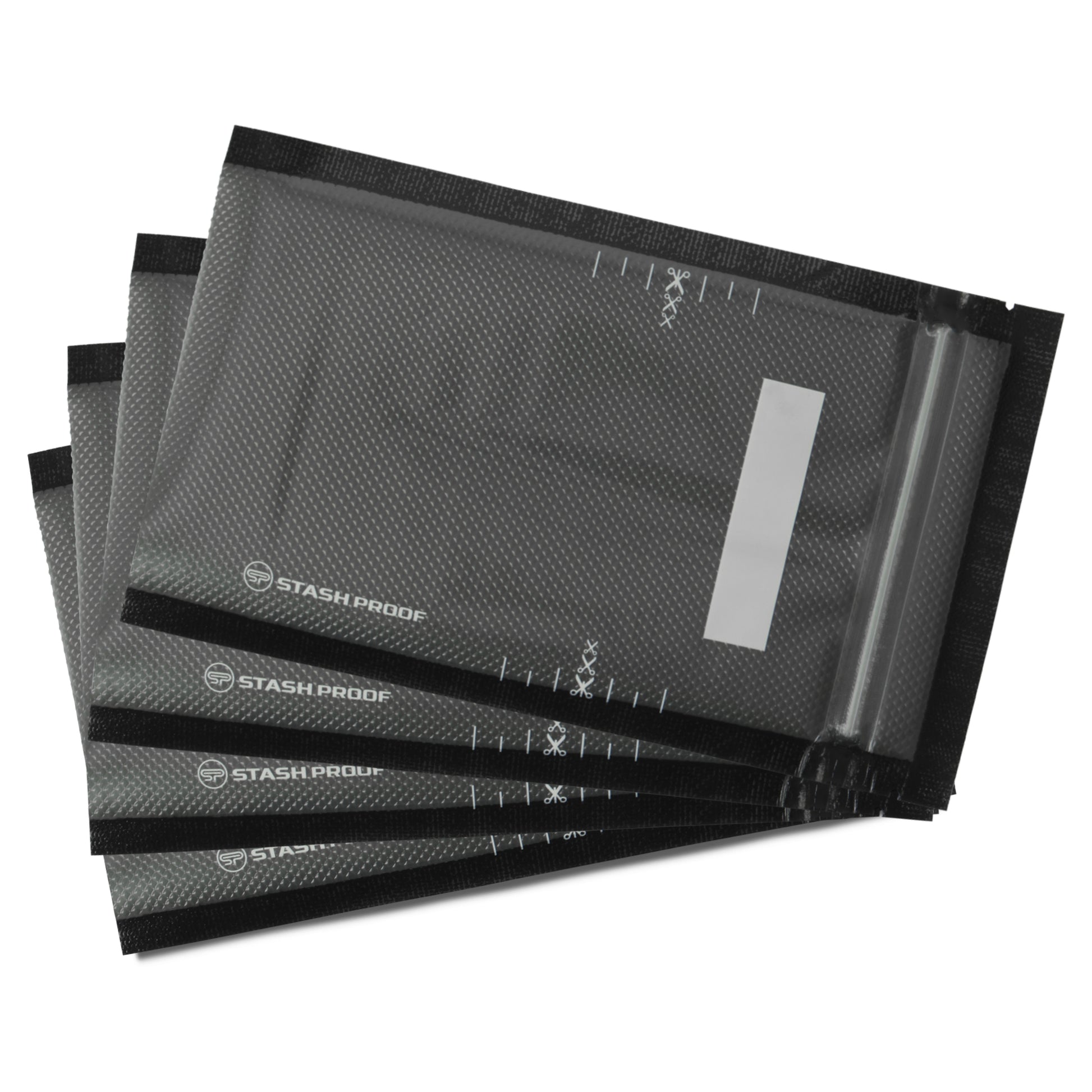 A fanned stack of Stash Proof 5 by 8 inch small vacuum seal with zipper top bags Black and Clear