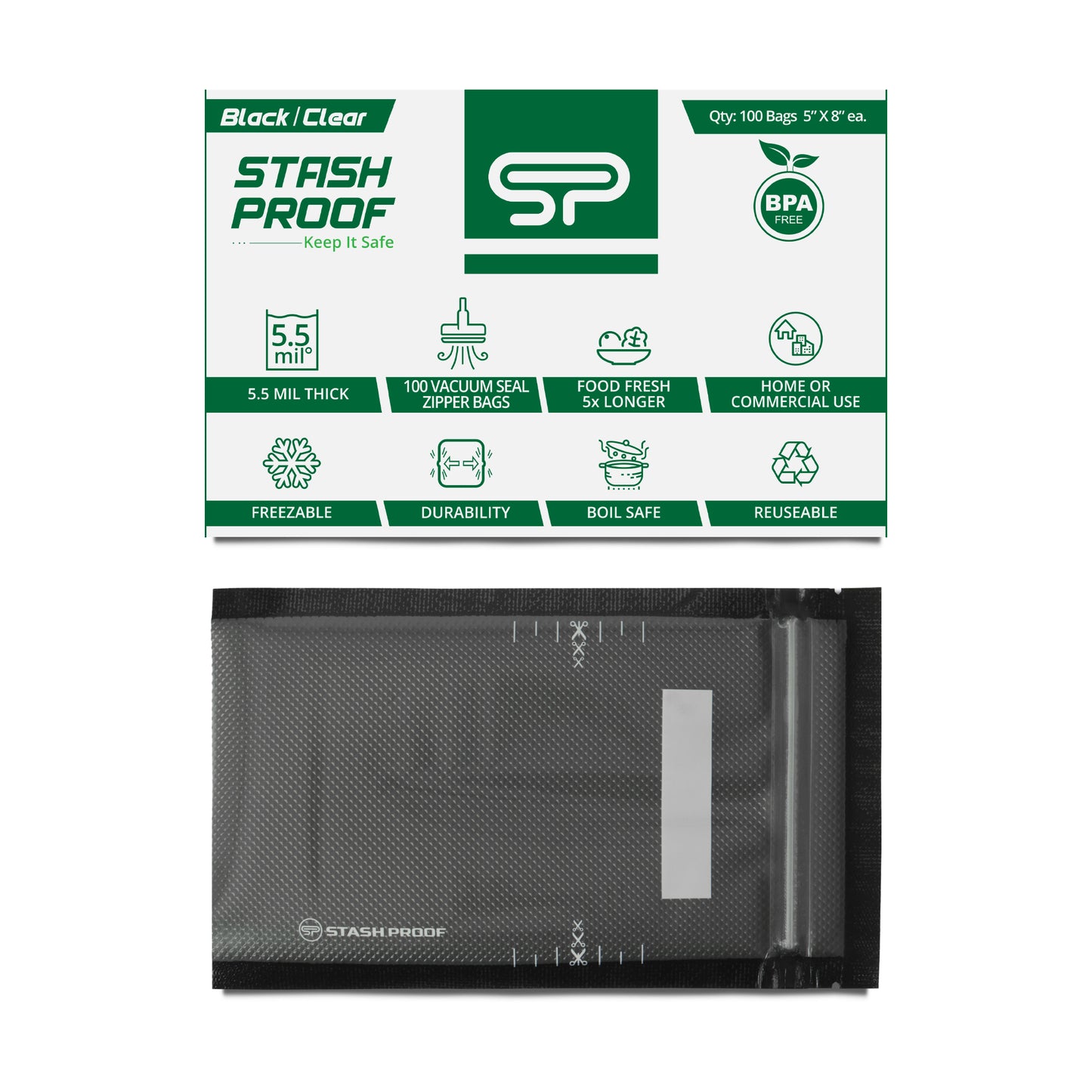 Stash Proof Black and Clear Small 5 by 8 inch vacuum seal bag with green and white box with BPA Free and 5.5 Mil Thickness