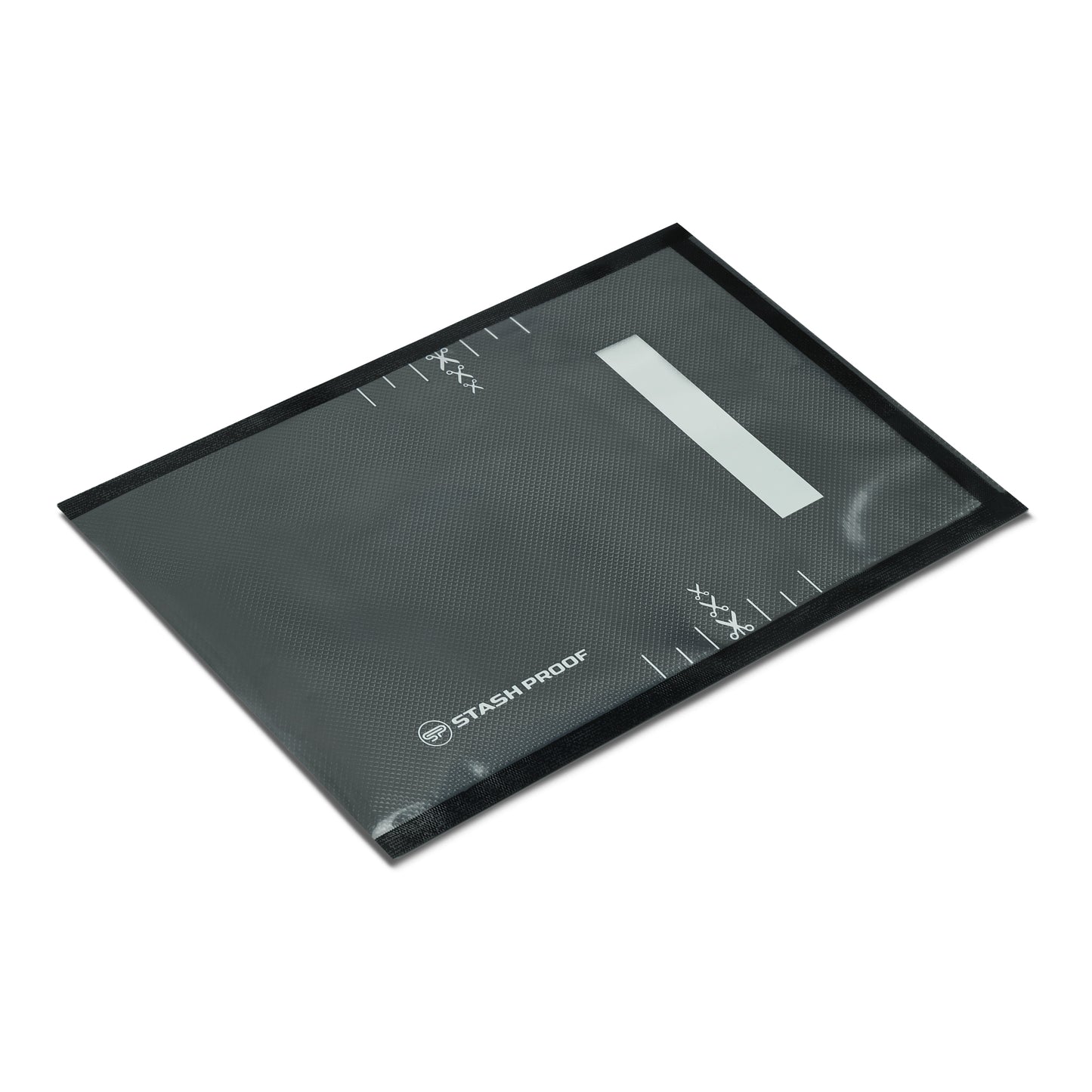 A single 8 by 12 Vacuum seal bag that is black and clear laying flat at a side angle