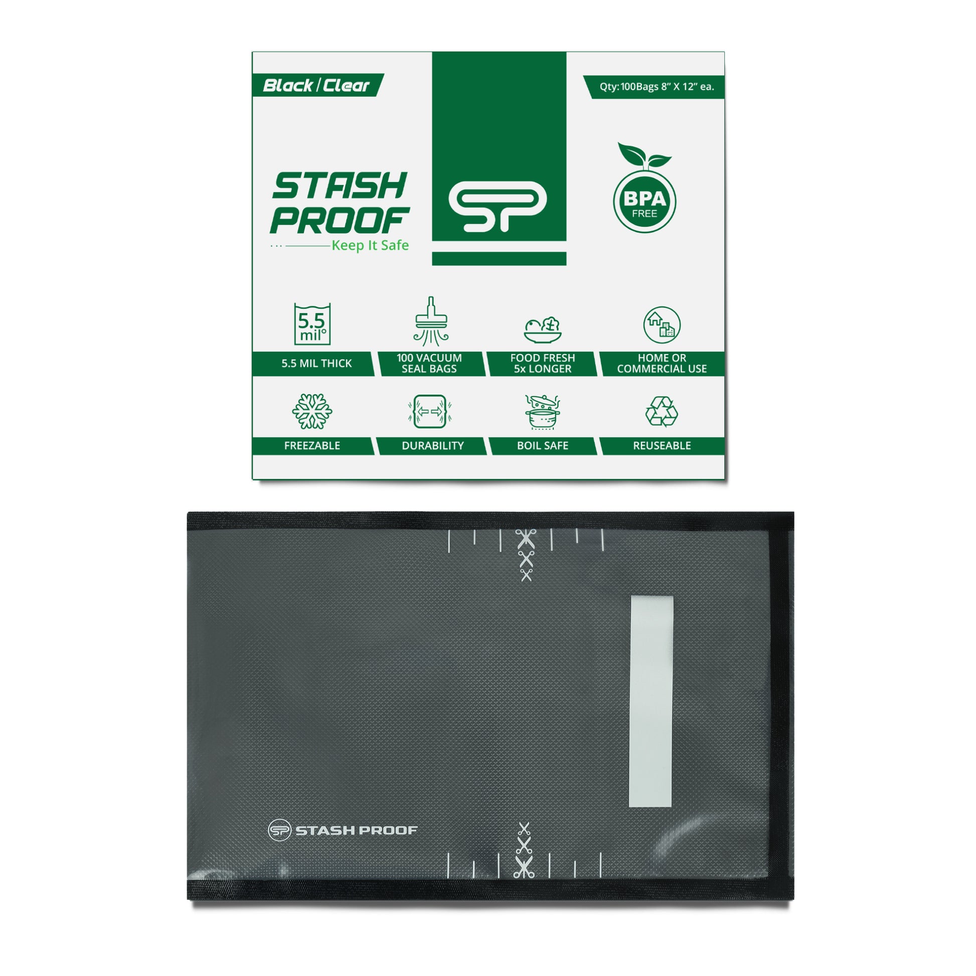 A clear and black 8 by 12 vacuum seal bag with a green and white box placed on top with the word Stash Proof on it