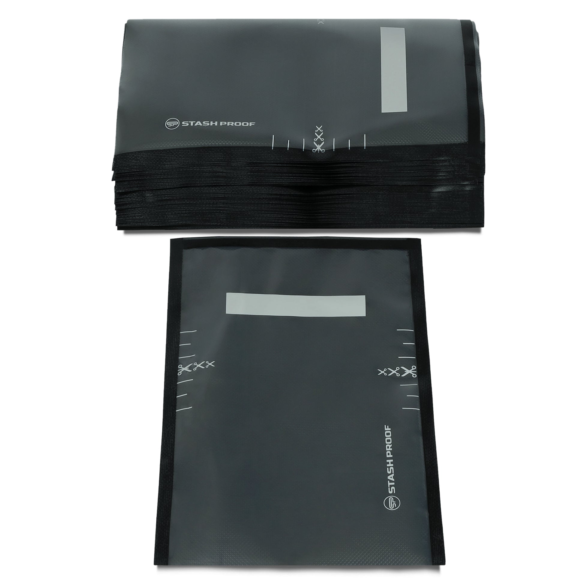 a group photo of a single black and clear 8 by 12 inch vacuum bag and stack of them behind it