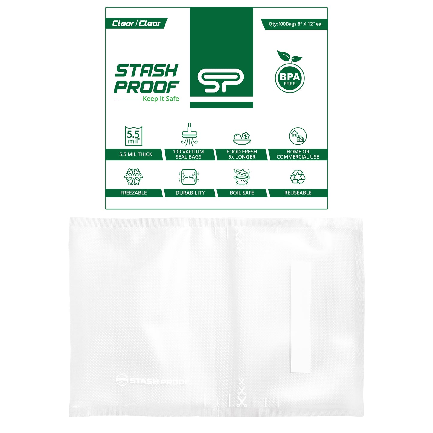 a stack of splayed 8 by 12 inch clear plastic vacuum seal bags in front of a green and white box that says Stash Proof