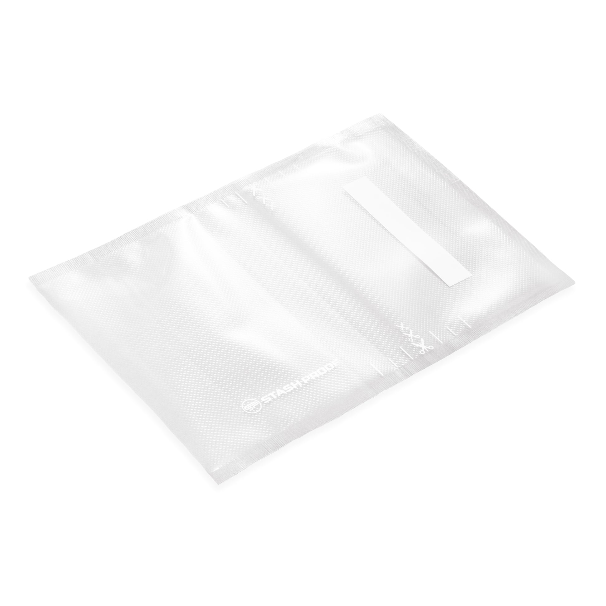 A clear 8 by 12 inch precut vacuum seal bag that is being shown from side angle