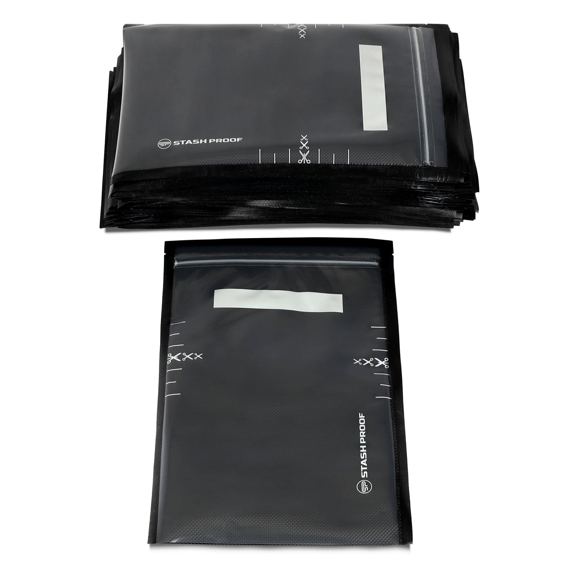 a stack of 8 x 12 vacuum seal bags with zipper, a single one is laying in front of them facing straight towards camera