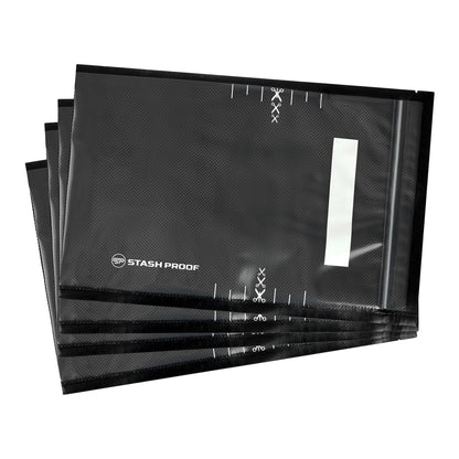 A stack of 8 by 12 inch black and clear zipper bags that are fanned out and showing Stash Proof logo