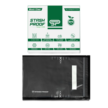 A single black and clear zipper vacuum seal bag with a white and green box placed about it