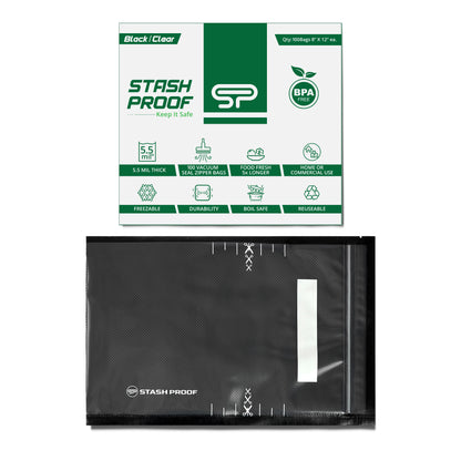 A single black and clear zipper vacuum seal bag with a white and green box placed above it