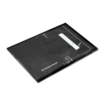 A single 8 by 12 inch zipper vacuum seal bag that is black and clear, shown from 45 degree side angle