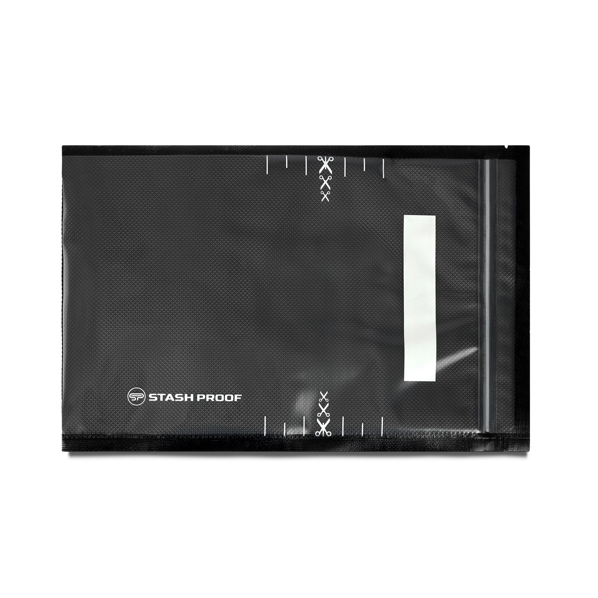 A single black and clear zipper vacuum bag that is shown from above laying flat