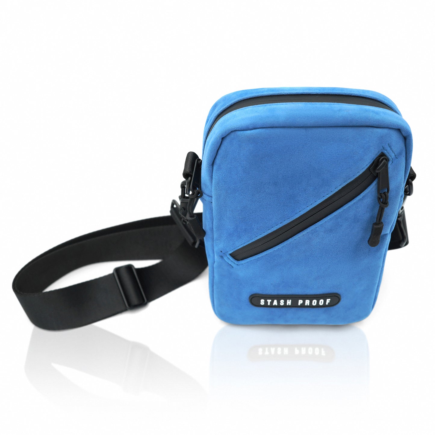 Stash Bag in Suede Blue with water-resistant zippers