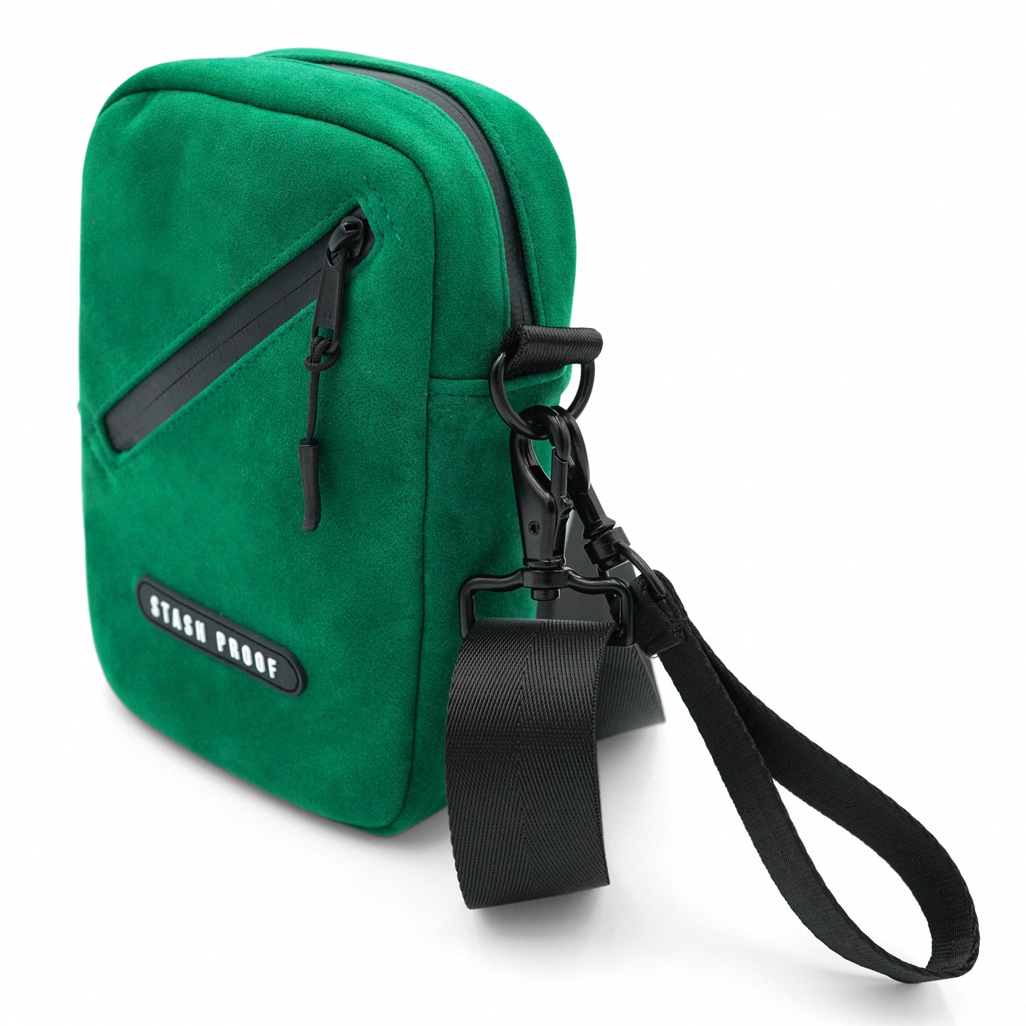 Stash Bag in Suede Green with water-resistant zippers