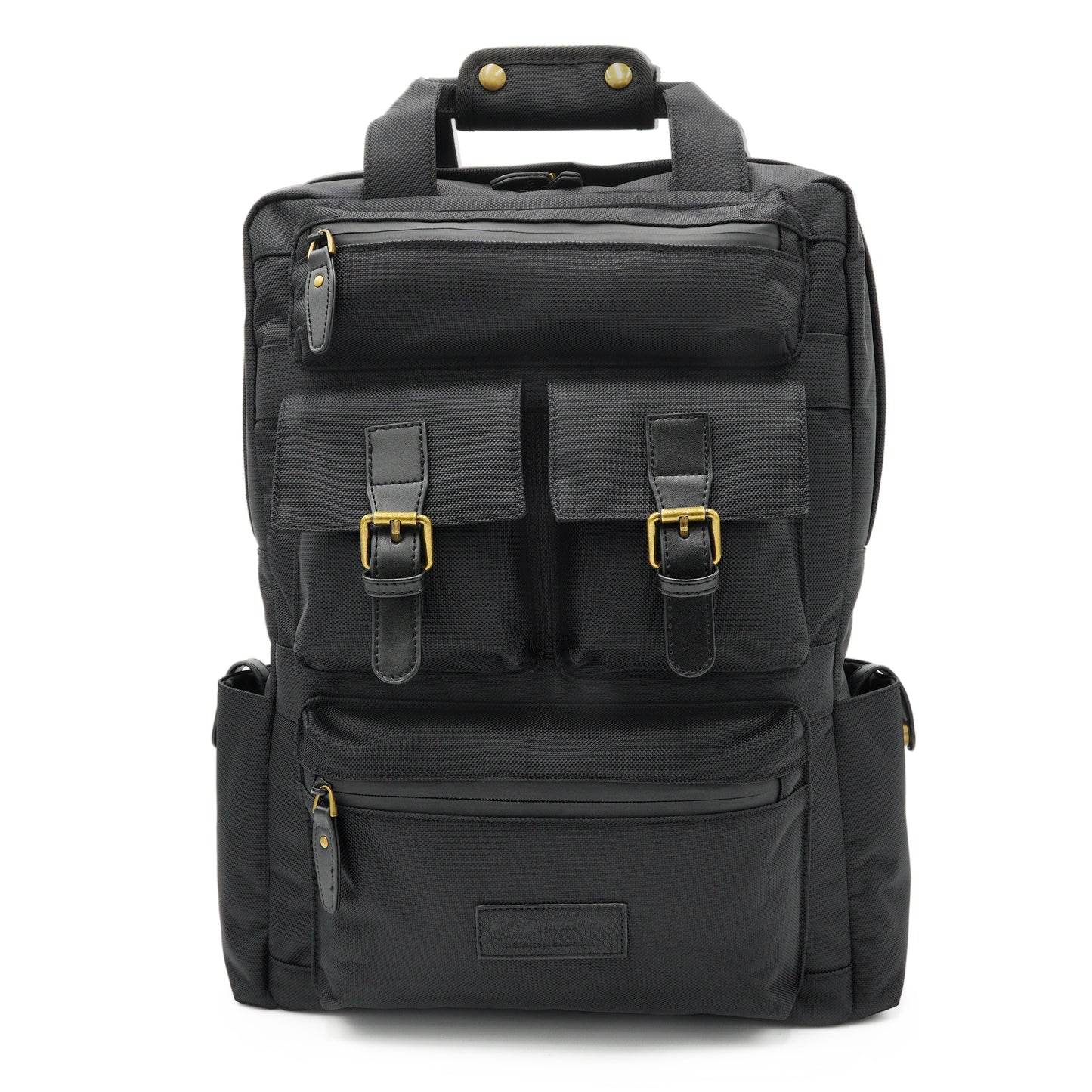 Front view of the black smell-proof runner backpack with multiple external pockets and brass hardware