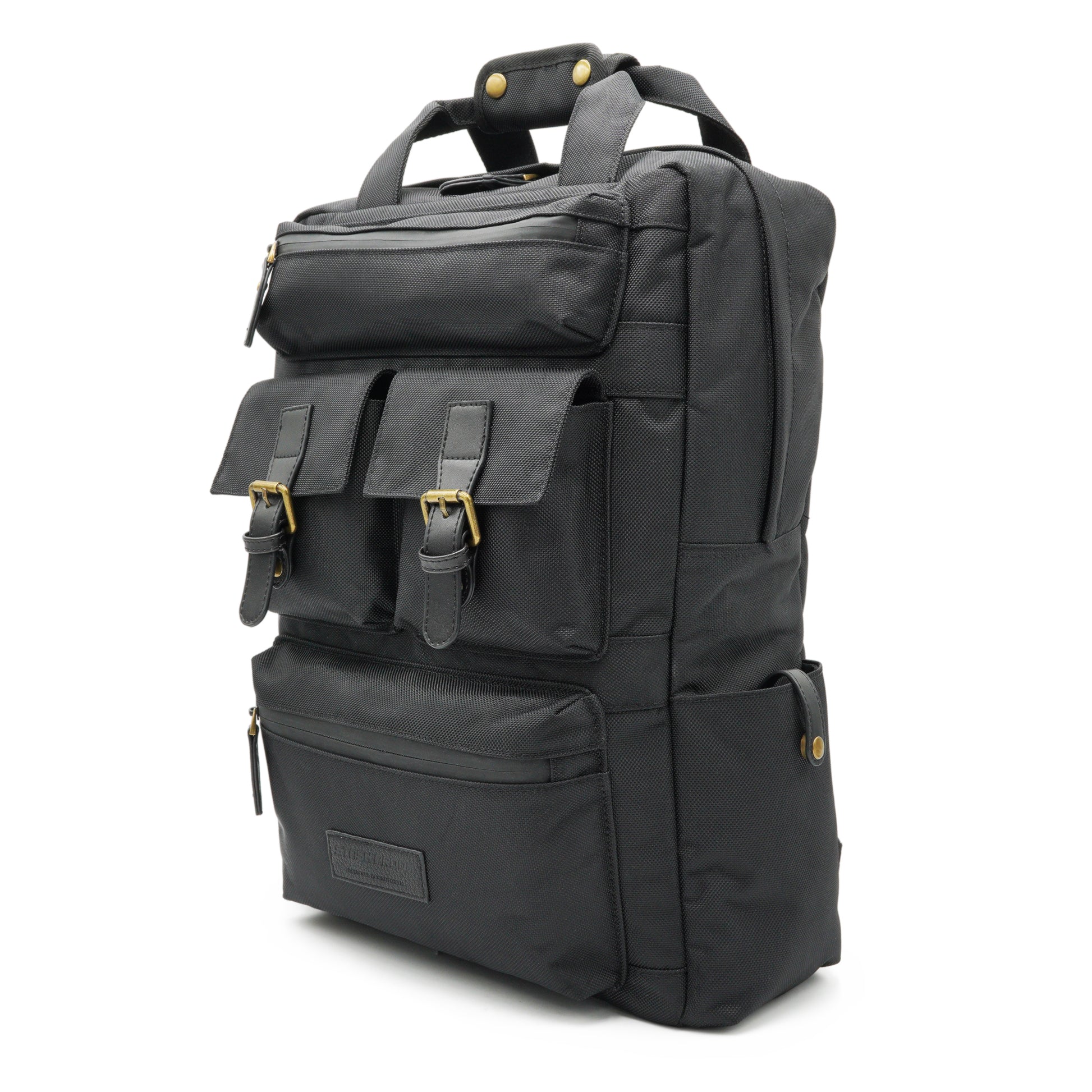 Smell-proof backpack with brass hardware and stylish black design on a flat surface