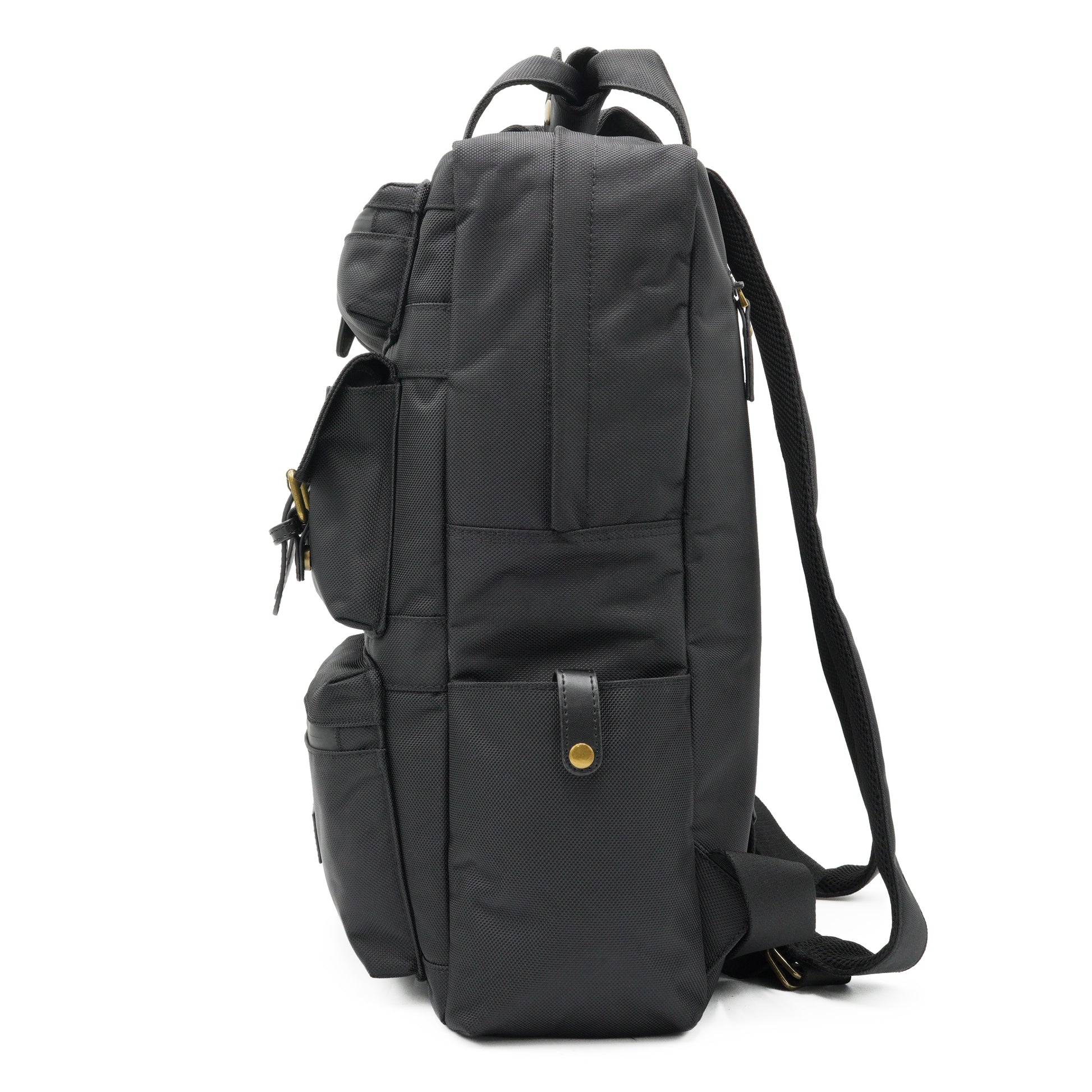 Side view of the odor resistant backpack showing the water bottle holders